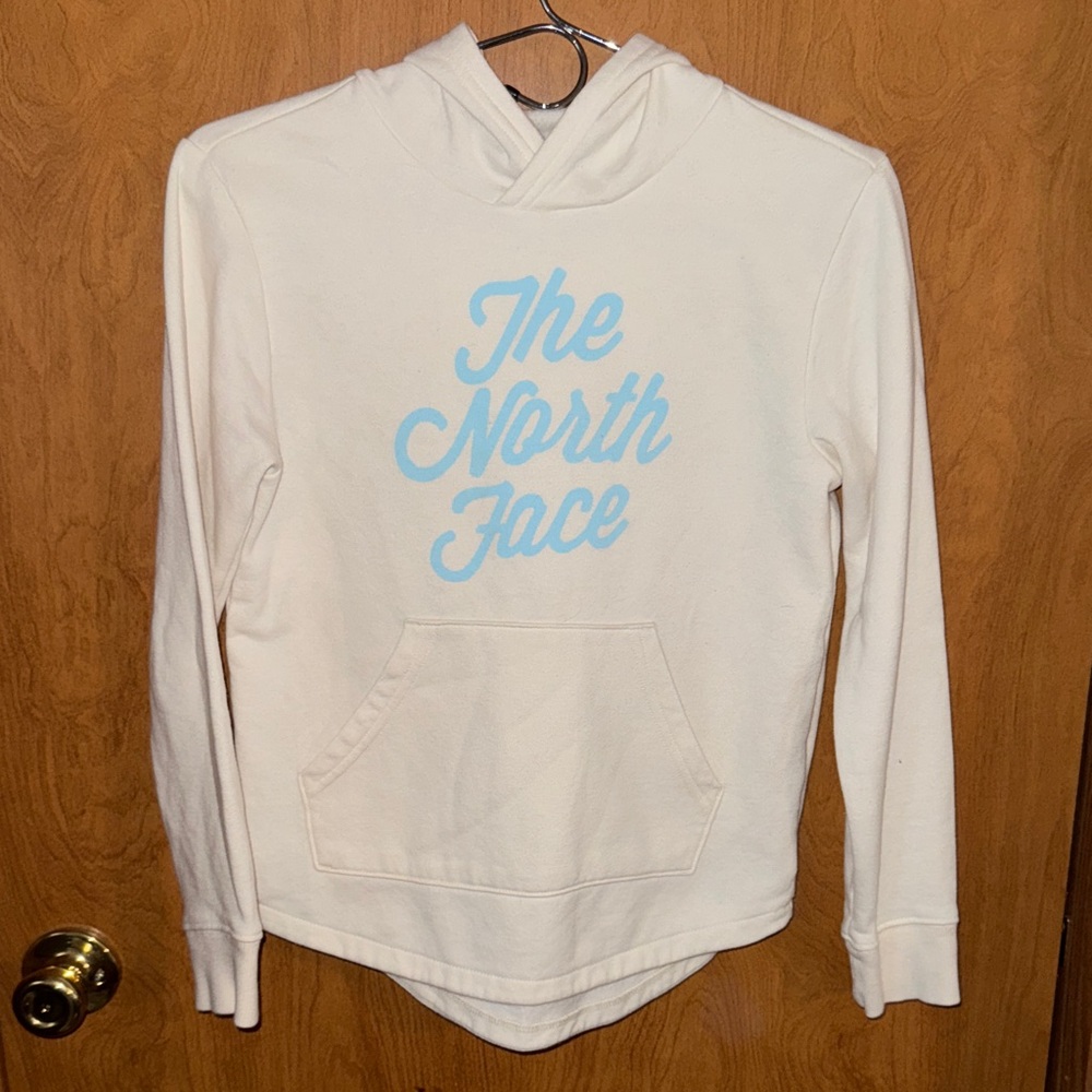 The North Face Cream Hoodie with Light Blue Logo Size 10/12